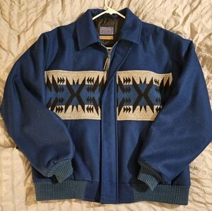 Pendleton Navy and Beige Patterned Zip-Up Wool Jacket